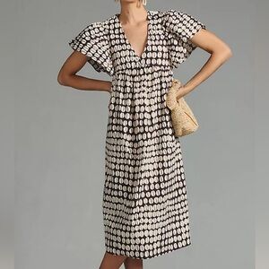 Anthropologie Maeve Printed Flutter Sleeve Babydoll  Dress Cocoa Size Small